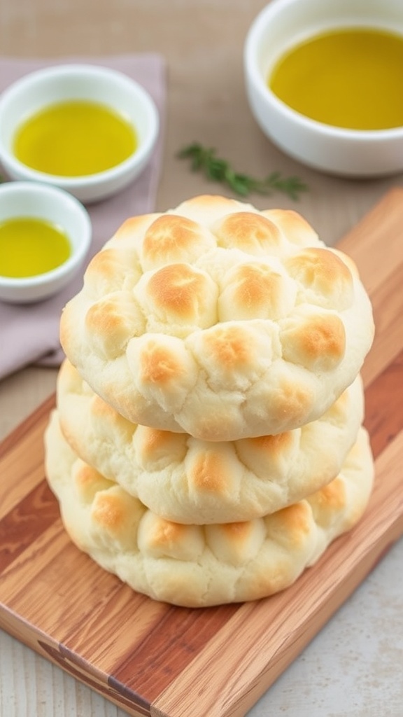 Vegan Cloud Bread Recipe Fluffy vegan cloud bread on a wooden board, with a golden-brown crust and soft interior.